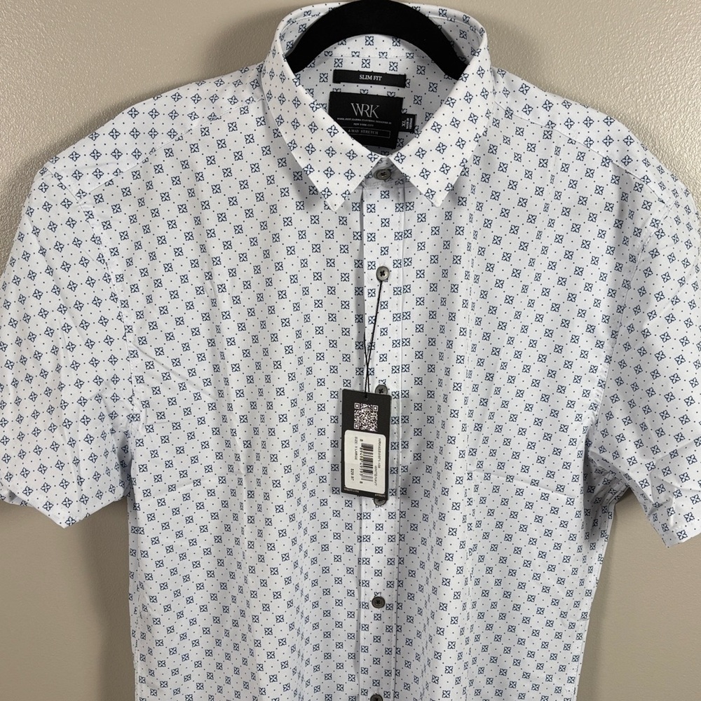 WRK Men's Blue Patterned Casual Short Sleeve Button Down Shirt
